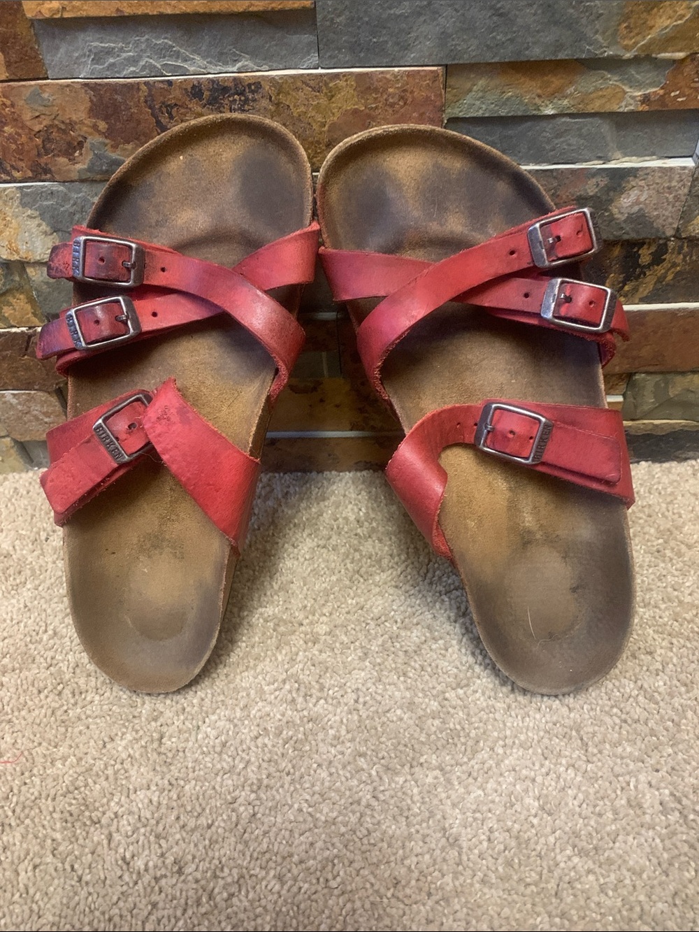 Birkenstock Red Triple-Strap Buckle Sandals 37